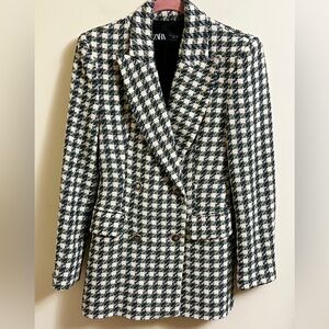 Zara Women's Double Breasted Checkered Tweed Blazer Jacket Ivory Green Small